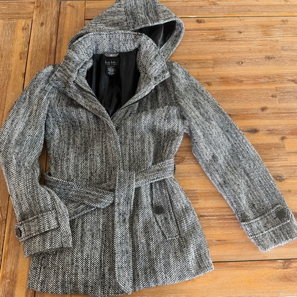 Nicole Miller Black and White Hooded Trench Coat
